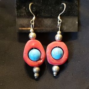 Red Coral & Turquoise Earrings